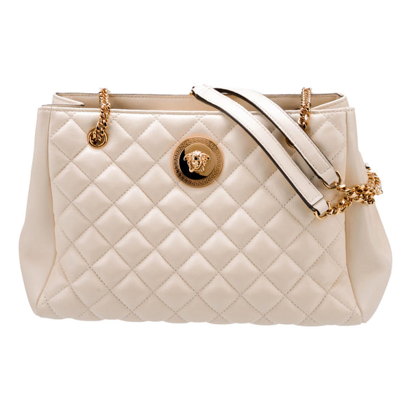 Quilted Ivory La Medusa Chain Strap Tote Bag