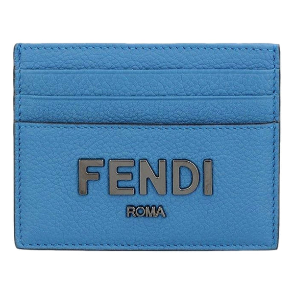 Signature Fiordaliso Blue Grained Leather Card Case Wallet