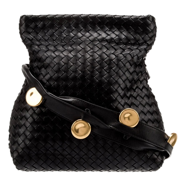 Intrecciato Olimpia Black Leather Fold Over Shoulder Bag