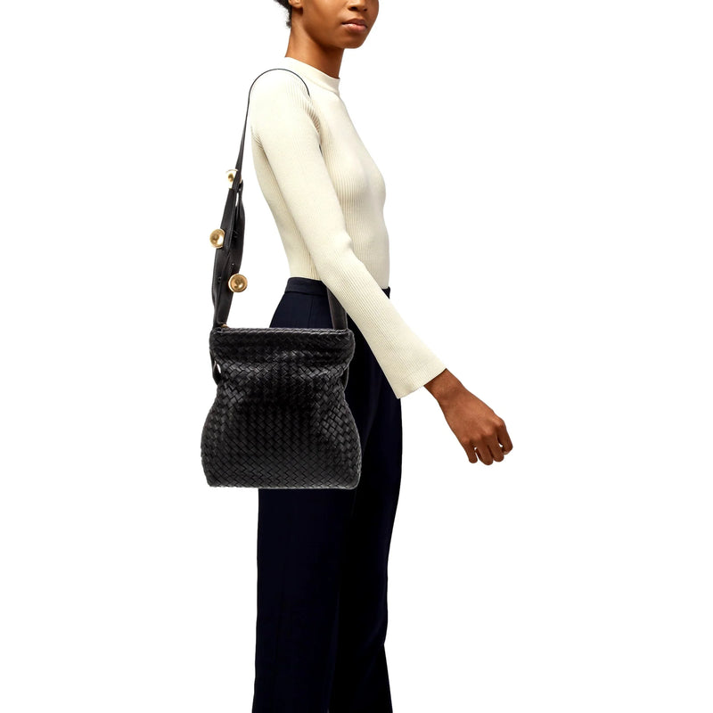 Intrecciato Olimpia Black Leather Fold Over Shoulder Bag
