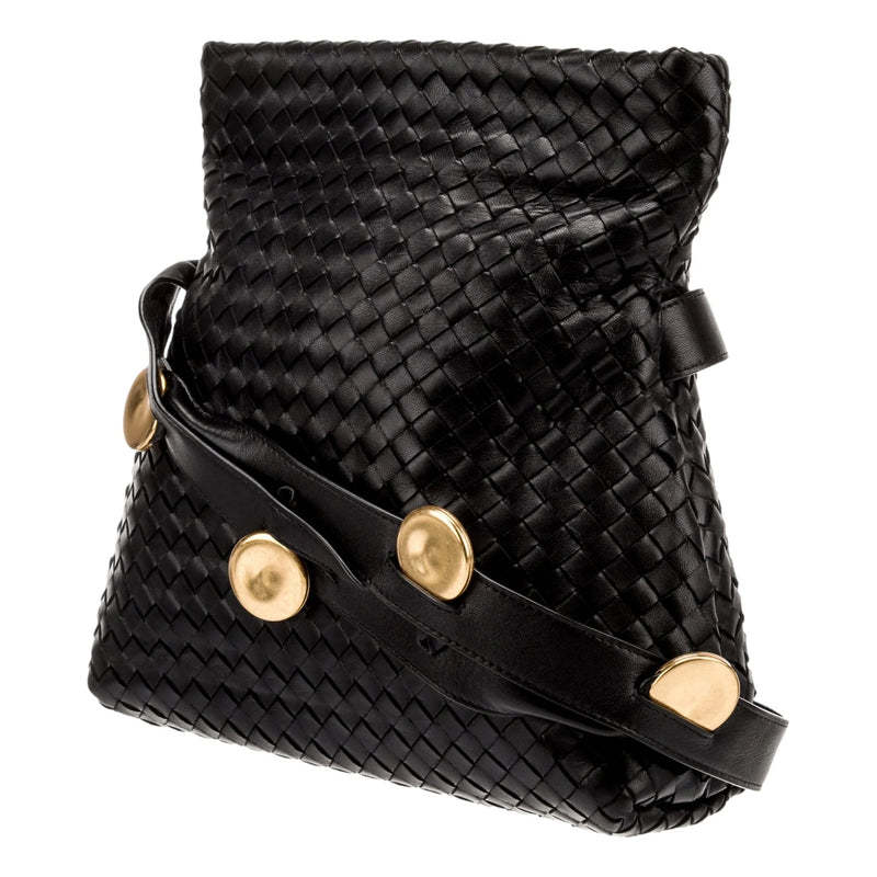 Intrecciato Olimpia Black Leather Fold Over Shoulder Bag