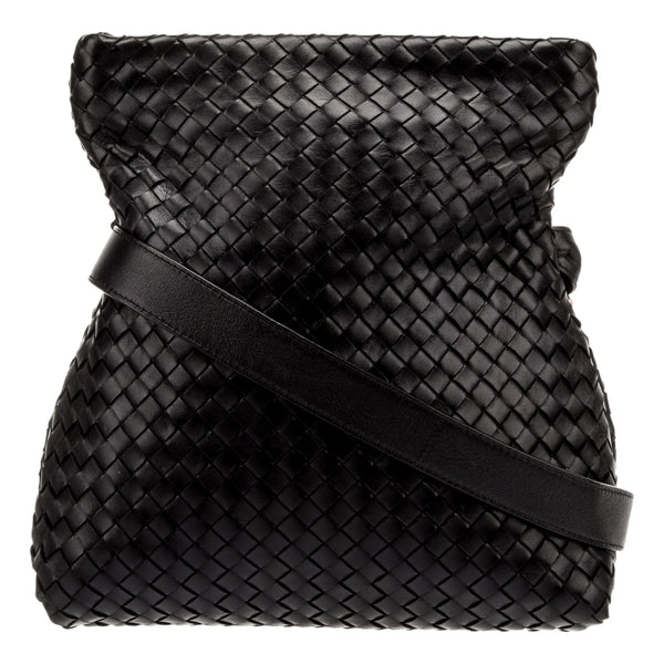 Intrecciato Olimpia Black Leather Fold Over Shoulder Bag
