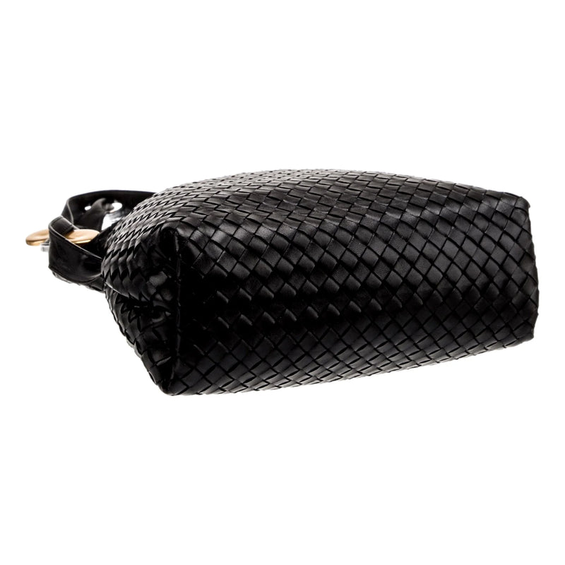 Intrecciato Olimpia Black Leather Fold Over Shoulder Bag