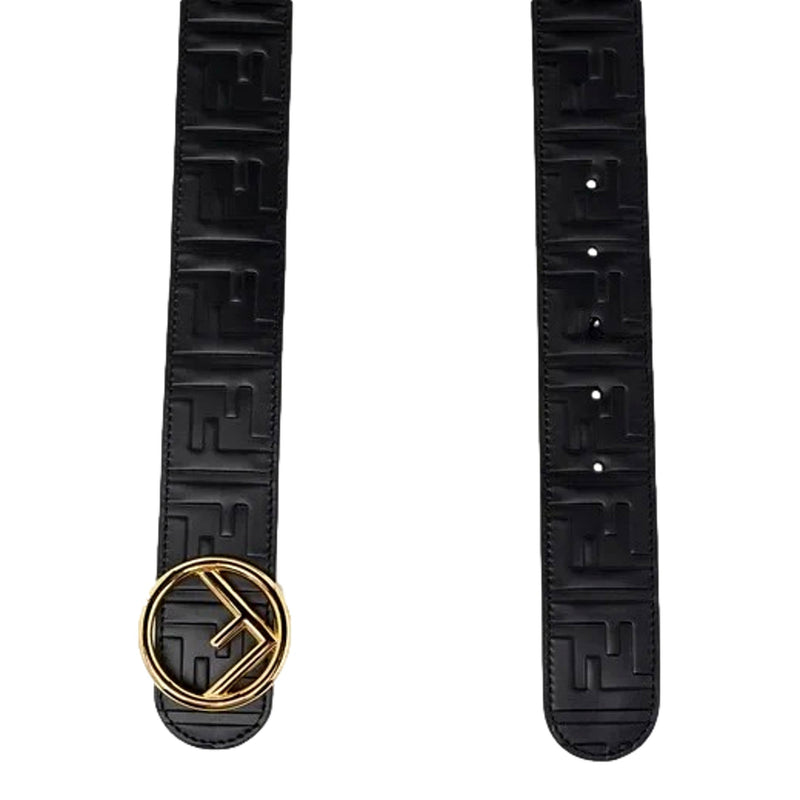 F is FF Calfskin Leather Black Embossed Belt Size 80/32