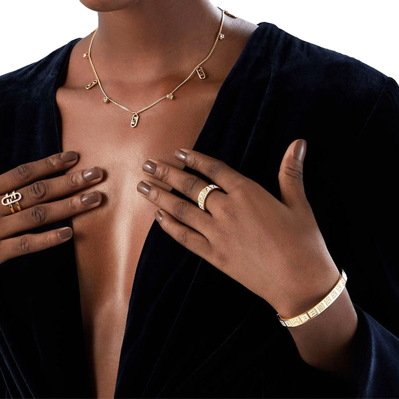 FF Crystal Embellished Wide Band Gold Ring Small