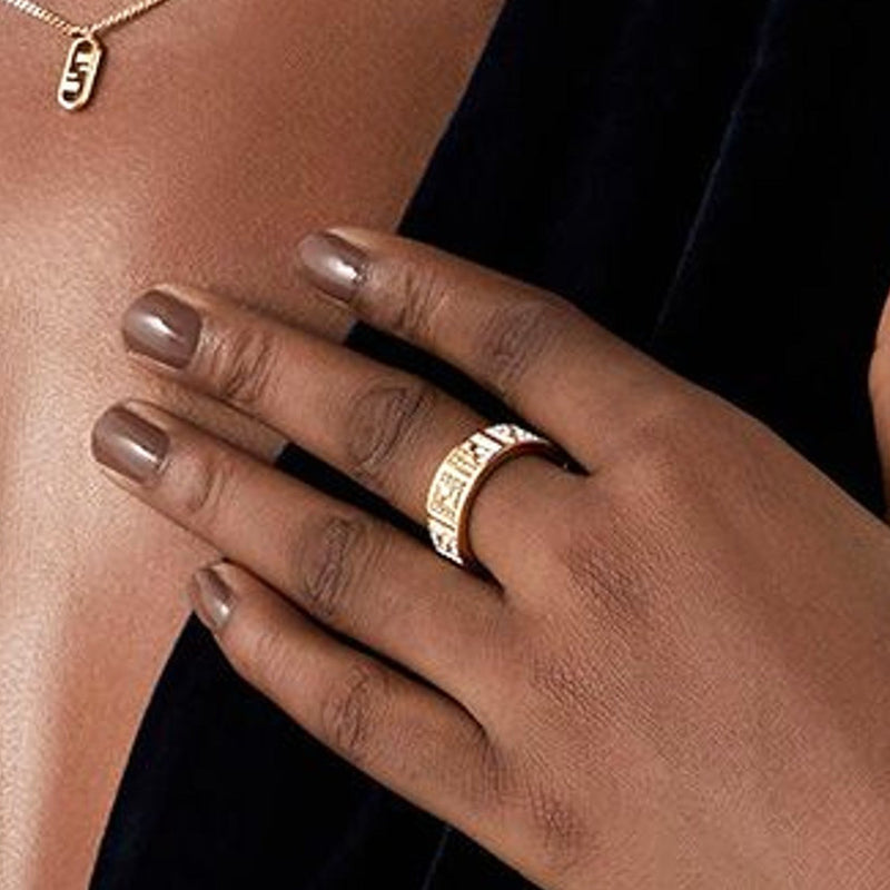 FF Crystal Embellished Wide Band Gold Ring Small