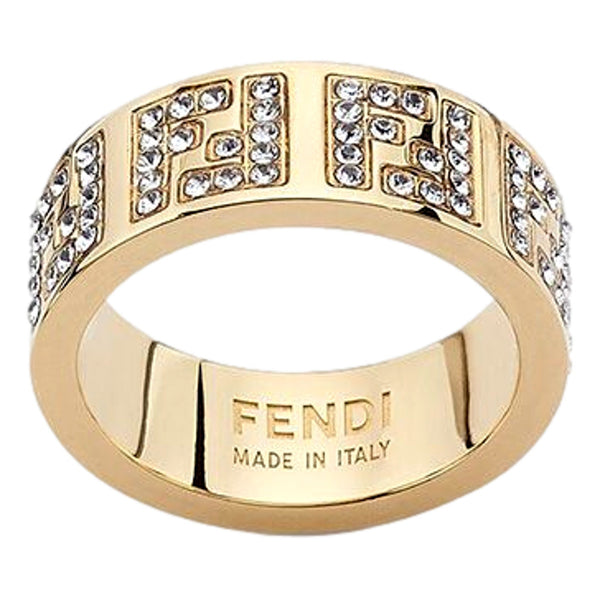 FF Crystal Embellished Wide Band Gold Ring Small