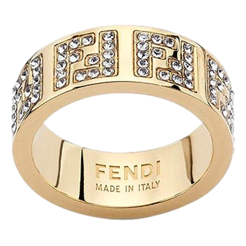 FF Crystal Embellished Wide Band Gold Ring Small
