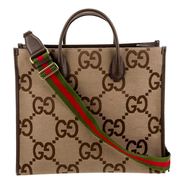 Beige Brown Canvas Jumbo GG Tote Bag Web Stripe Shoulder Strap
