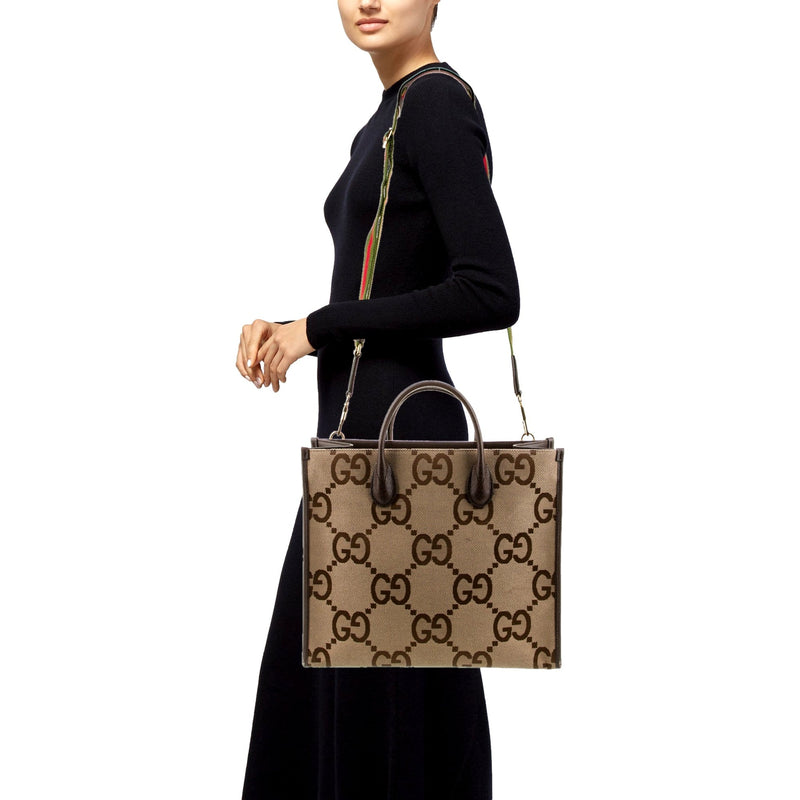 Beige Brown Canvas Jumbo GG Tote Bag Web Stripe Shoulder Strap