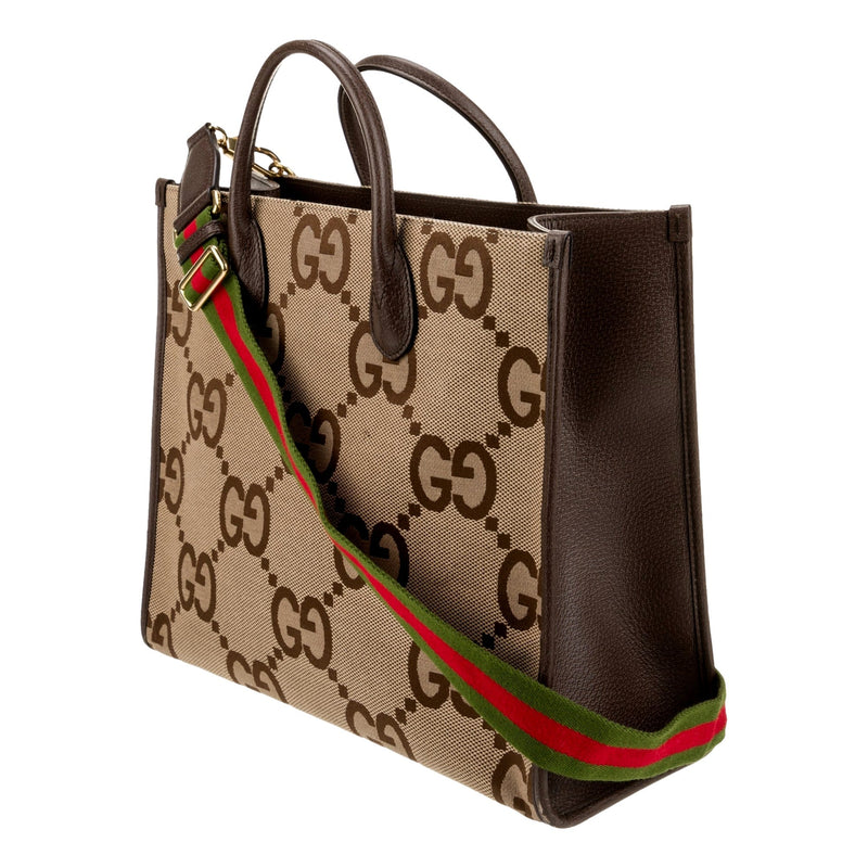 Beige Brown Canvas Jumbo GG Tote Bag Web Stripe Shoulder Strap