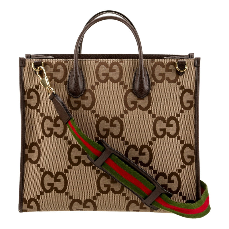 Beige Brown Canvas Jumbo GG Tote Bag Web Stripe Shoulder Strap