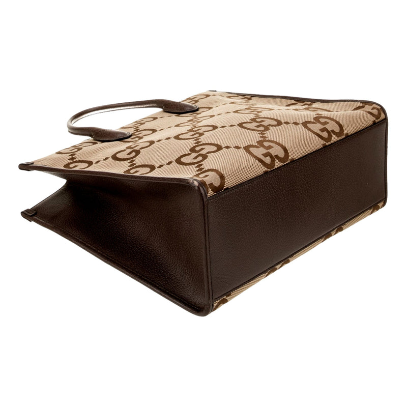 Beige Brown Canvas Jumbo GG Tote Bag Web Stripe Shoulder Strap