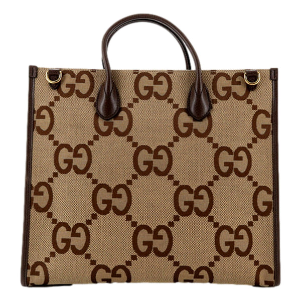 Beige Brown Canvas Jumbo GG Tote Bag Web Stripe Shoulder Strap
