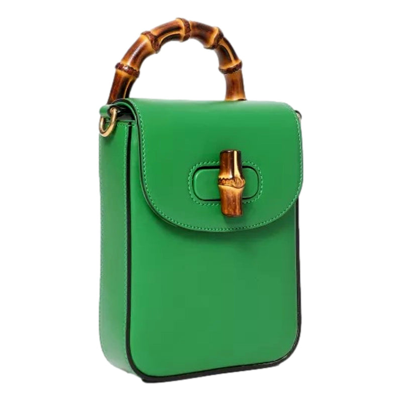 Bamboo Mini Handbag Top Handle Bag in Green Leather
