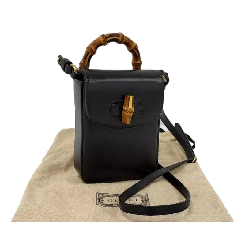 Bamboo Mini Handbag Top Handle Bag in Black Leather