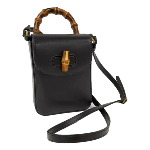 Bamboo Mini Handbag Top Handle Bag in Black Leather