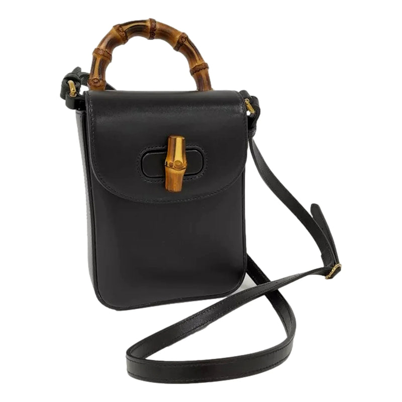 Bamboo Mini Handbag Top Handle Bag in Black Leather