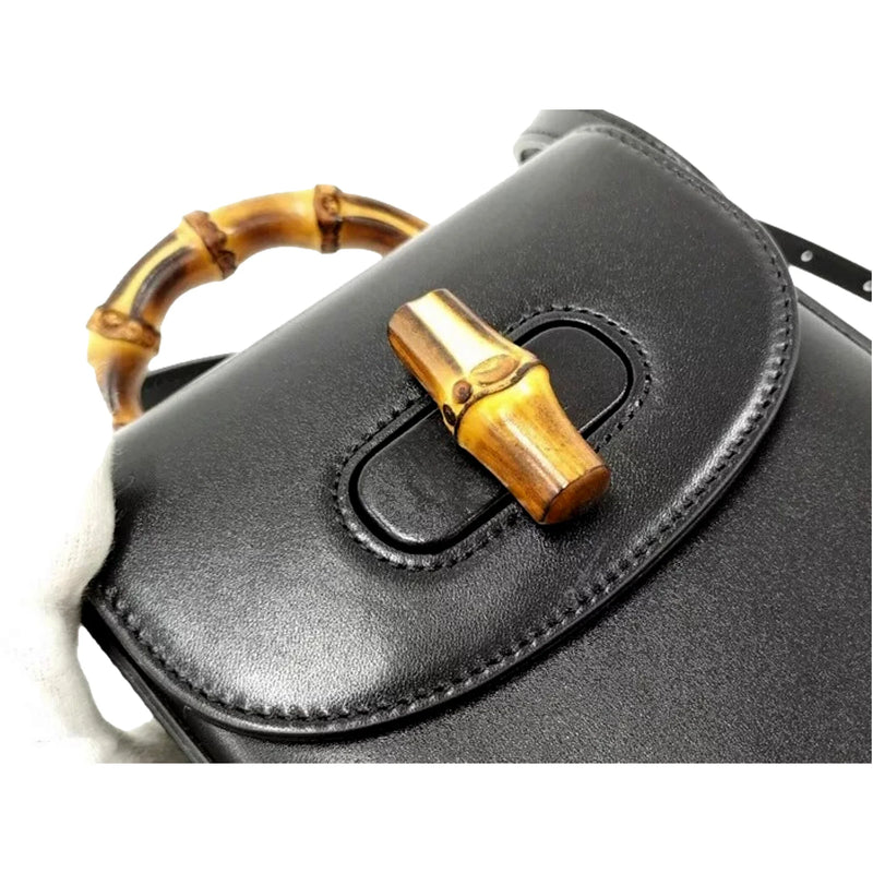 Bamboo Mini Handbag Top Handle Bag in Black Leather