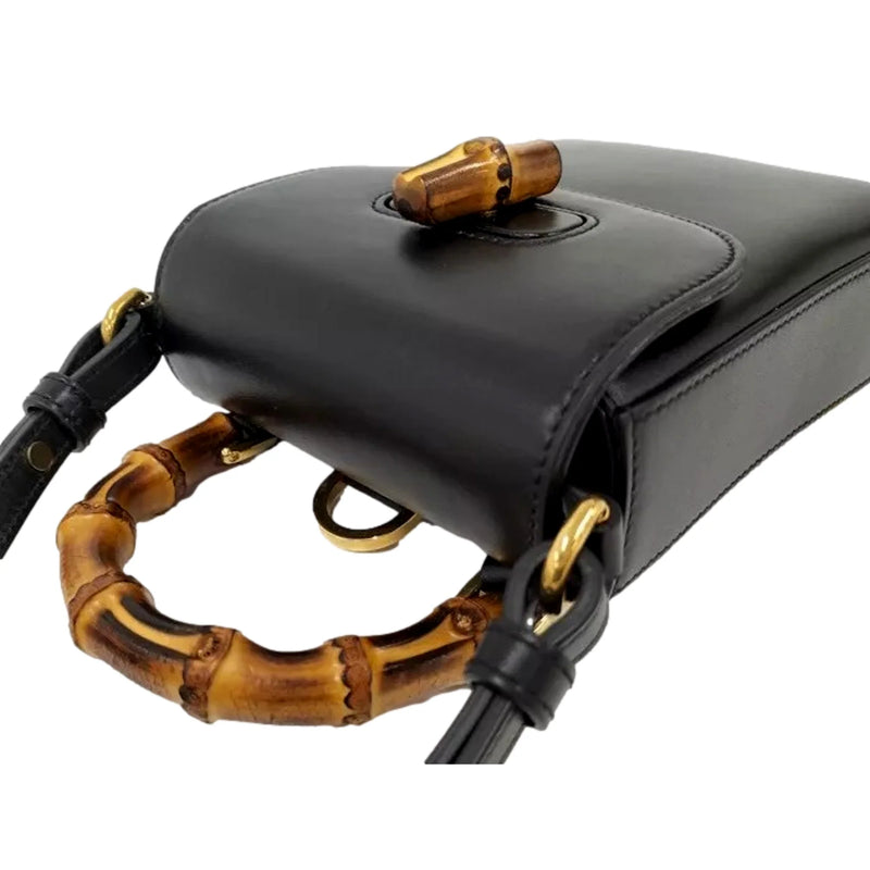 Bamboo Mini Handbag Top Handle Bag in Black Leather