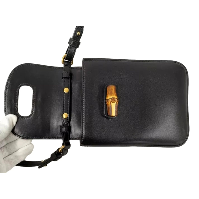 Bamboo Mini Handbag Top Handle Bag in Black Leather