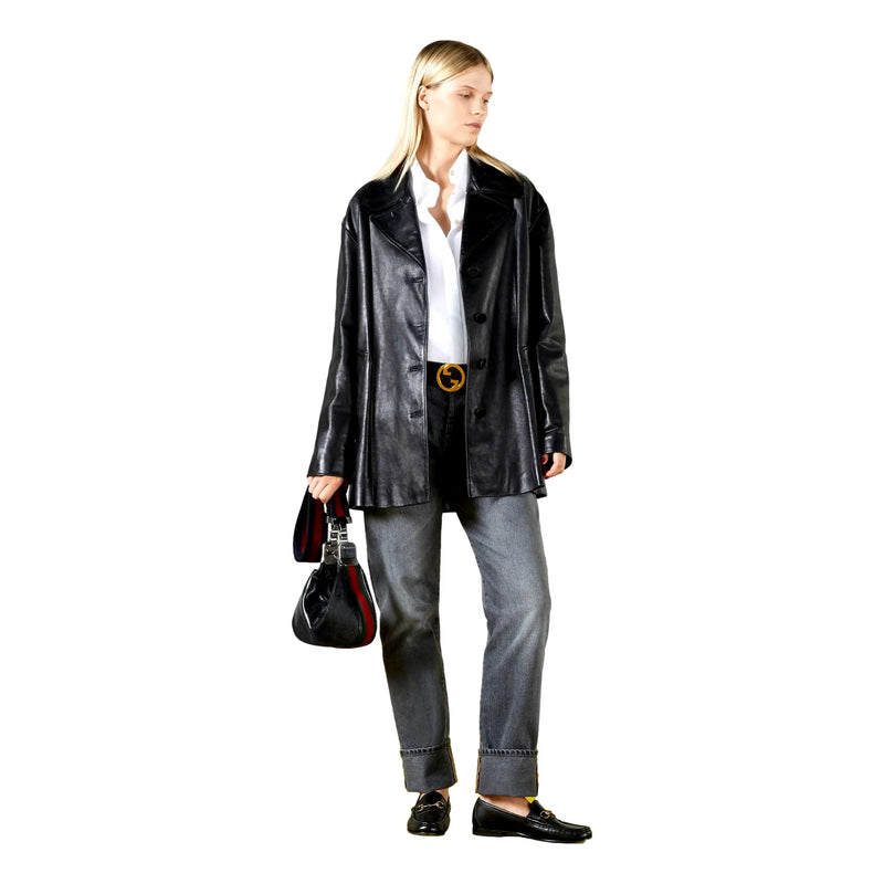 Attache Web Stripe Small Shoulder Bag Black Leather