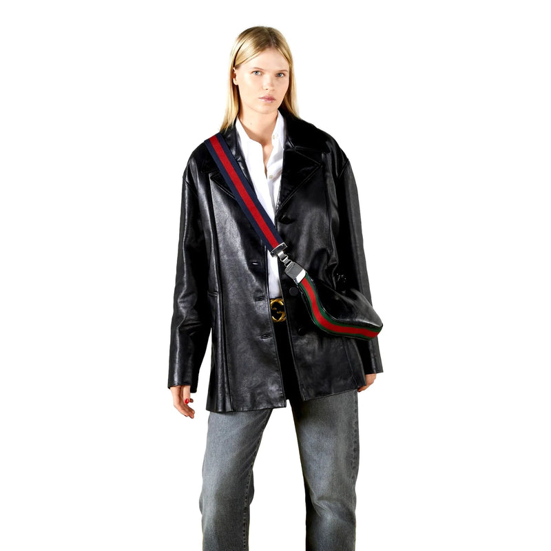 Attache Web Stripe Small Shoulder Bag Black Leather