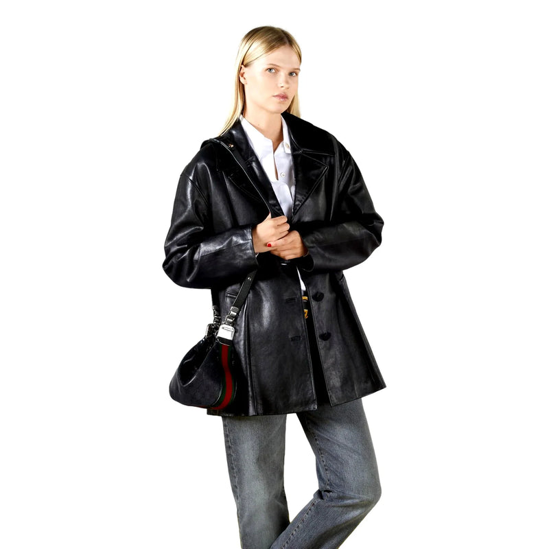 Attache Web Stripe Small Shoulder Bag Black Leather