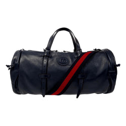 GG Logo Deep Blue Buffalo Leather Duffle Tote with Strap
