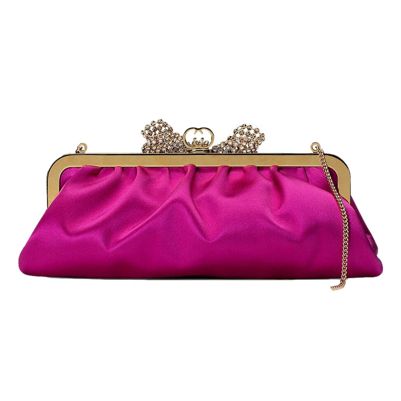 Broadway Fuchsia Satin Crystal Bow Clutch Chain Shoulder Bag