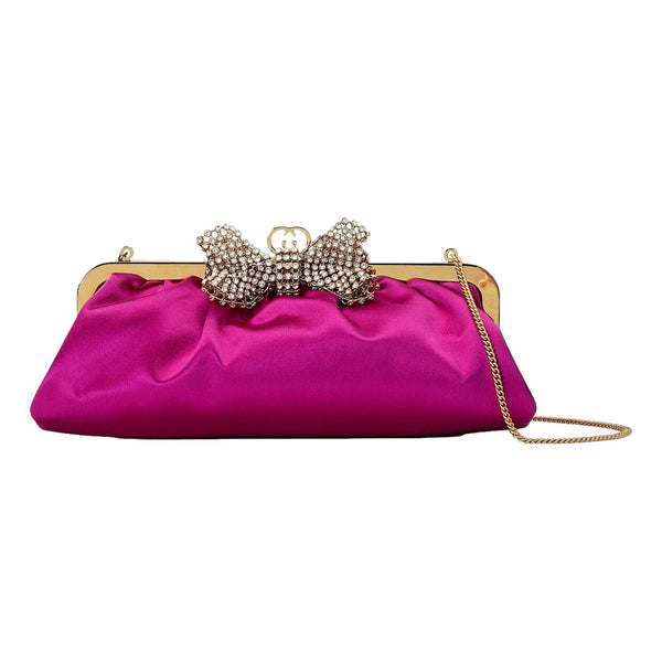 Broadway Fuchsia Satin Crystal Bow Clutch Chain Shoulder Bag