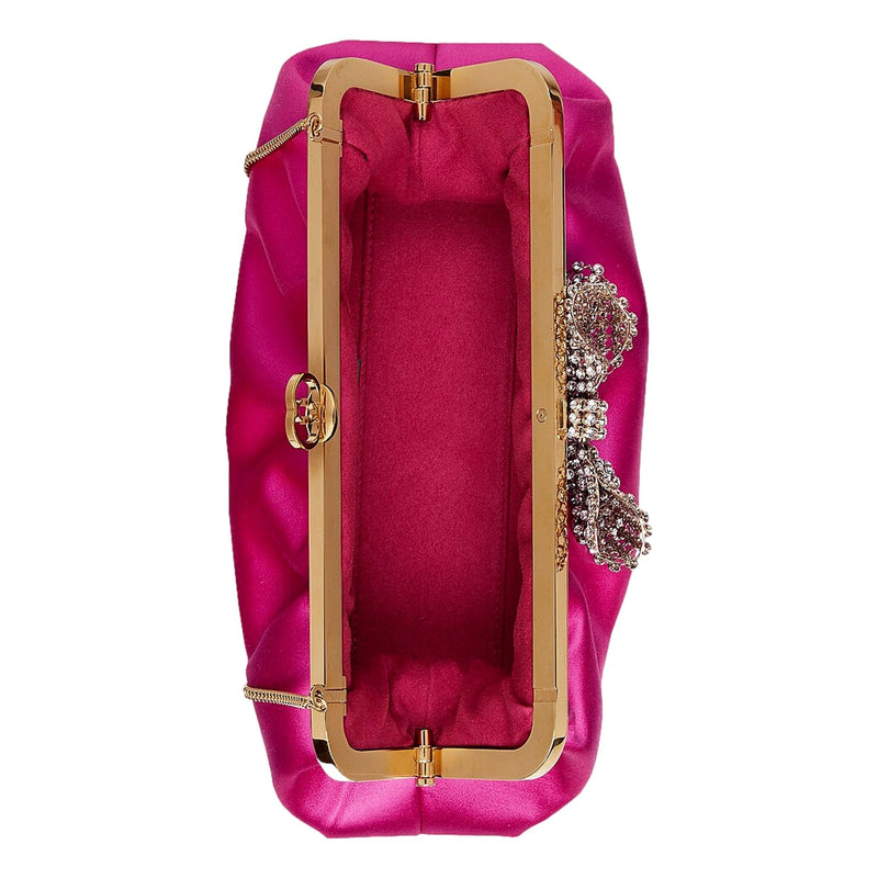 Broadway Fuchsia Satin Crystal Bow Clutch Chain Shoulder Bag