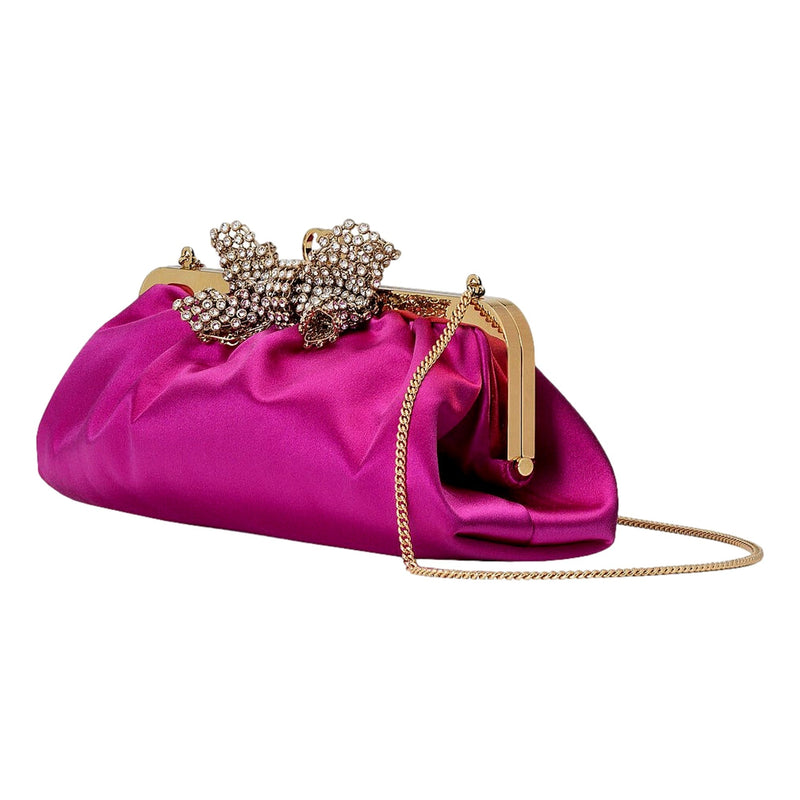 Broadway Fuchsia Satin Crystal Bow Clutch Chain Shoulder Bag