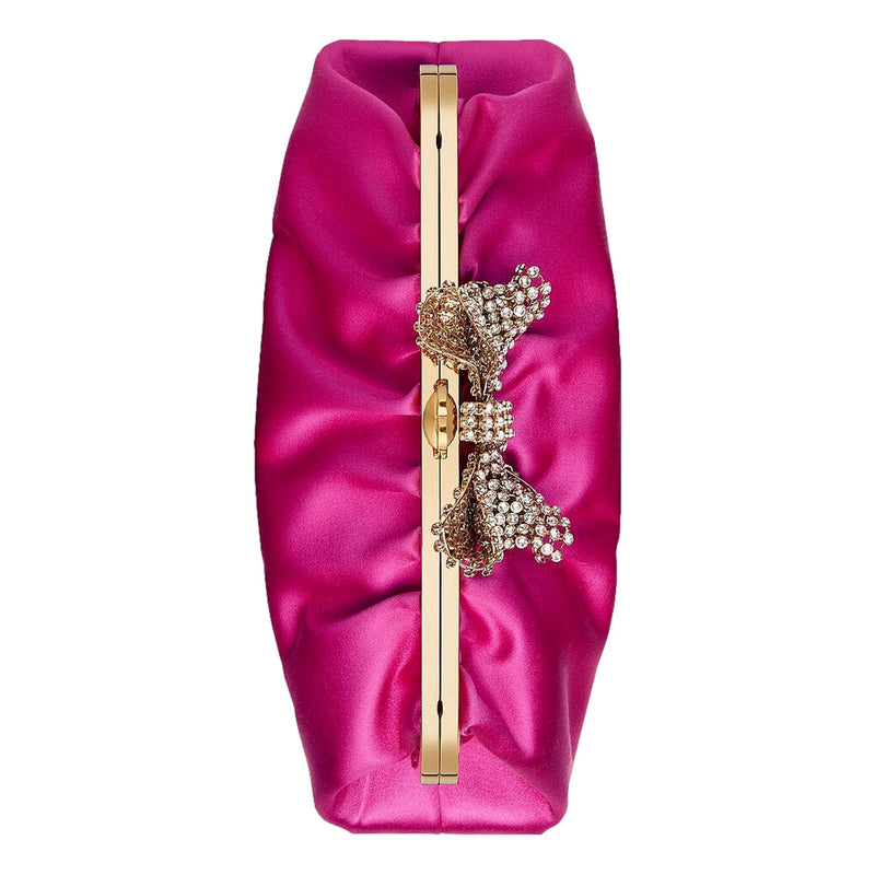 Broadway Fuchsia Satin Crystal Bow Clutch Chain Shoulder Bag