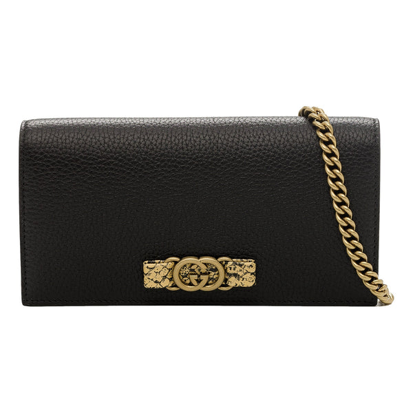 Interlocking Double G Python Leather Bow Chain Wallet Black