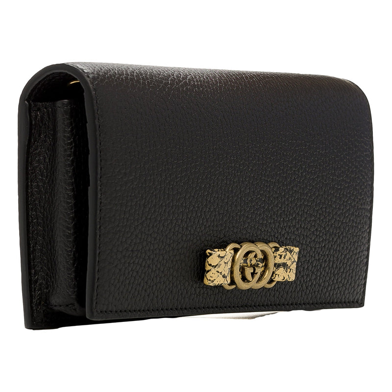 Interlocking Double G Python Leather Bow Chain Wallet Black