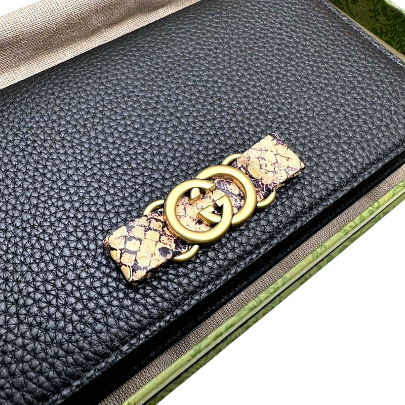Interlocking Double G Python Leather Bow Chain Wallet Black
