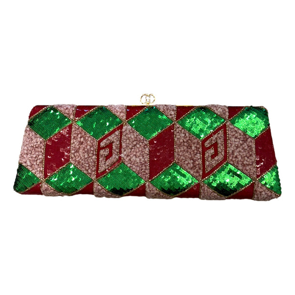 Broadway Embellished Sequins and Crystals Red Green Pink Chain Shoulder Bag Clutch
