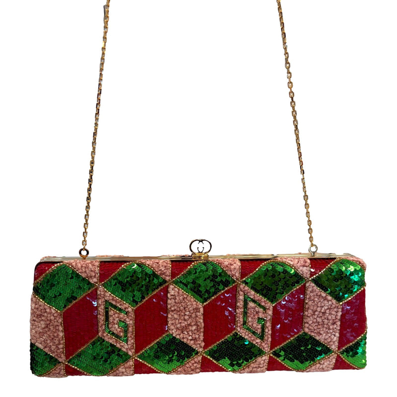 Broadway Embellished Sequins and Crystals Red Green Pink Chain Shoulder Bag Clutch