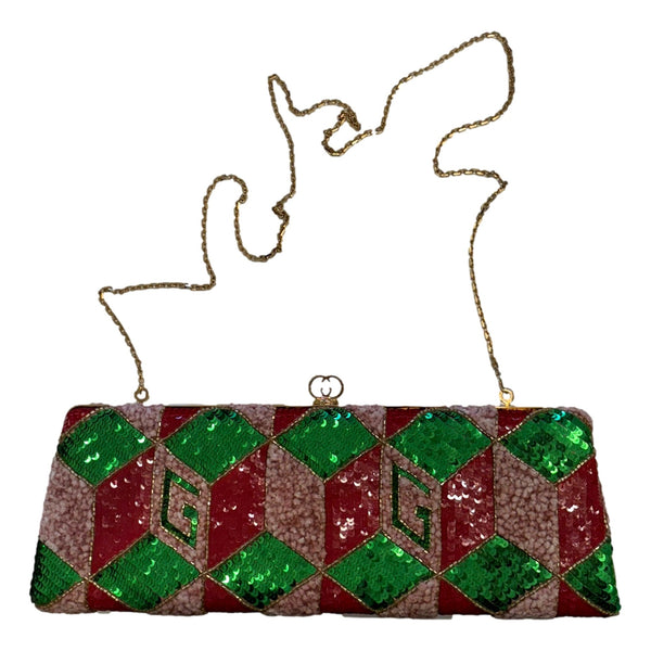 Broadway Embellished Sequins and Crystals Red Green Pink Chain Shoulder Bag Clutch