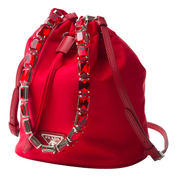 Re-Nylon Rosso Red Drawstring Bucket Bag Embellished Crystal Handle