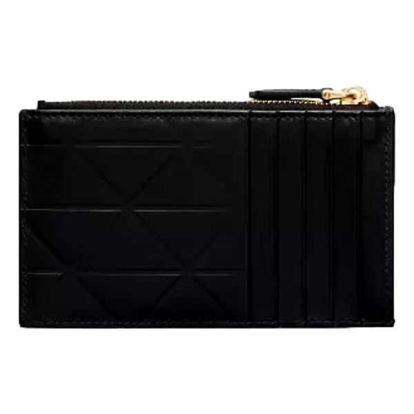 Black Soft Calfskin Leather Gold Triangle Logo Embossed Zipper Card Case Wallet