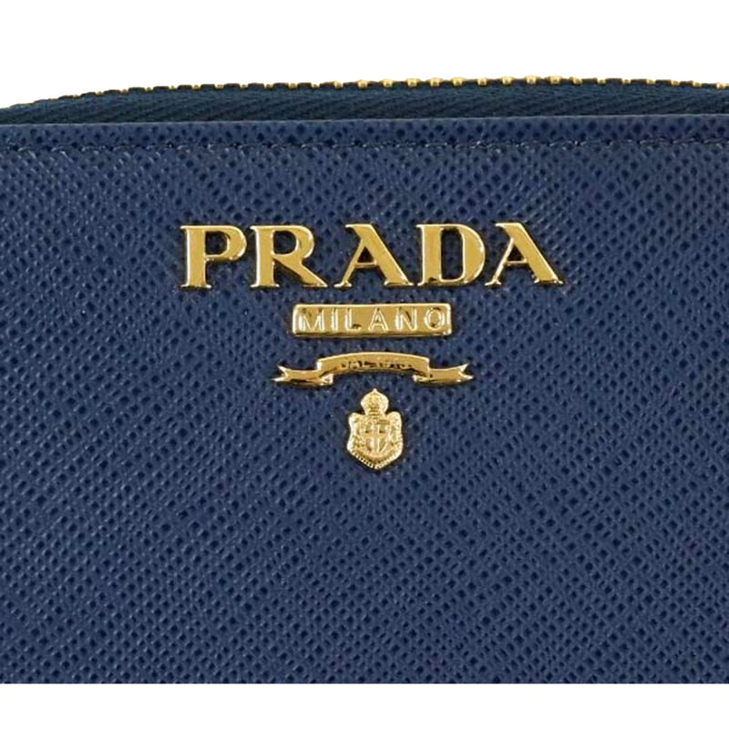 Womens Zippy Coin Purse Wallet Saffiano Leather Bluette Blue Gold Logo