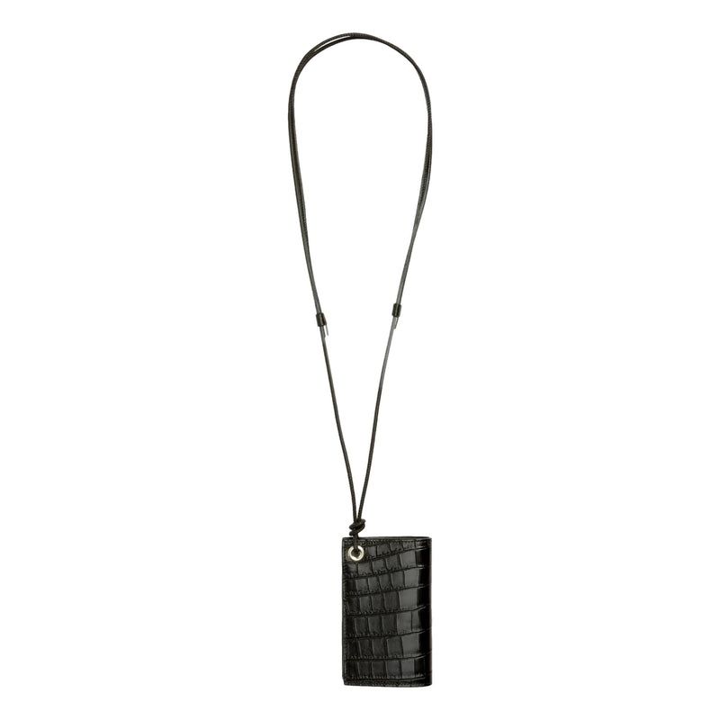Croc Embossed Black Lanyard Card Case Wallet