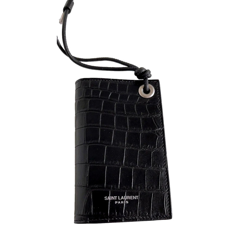 Croc Embossed Black Lanyard Card Case Wallet