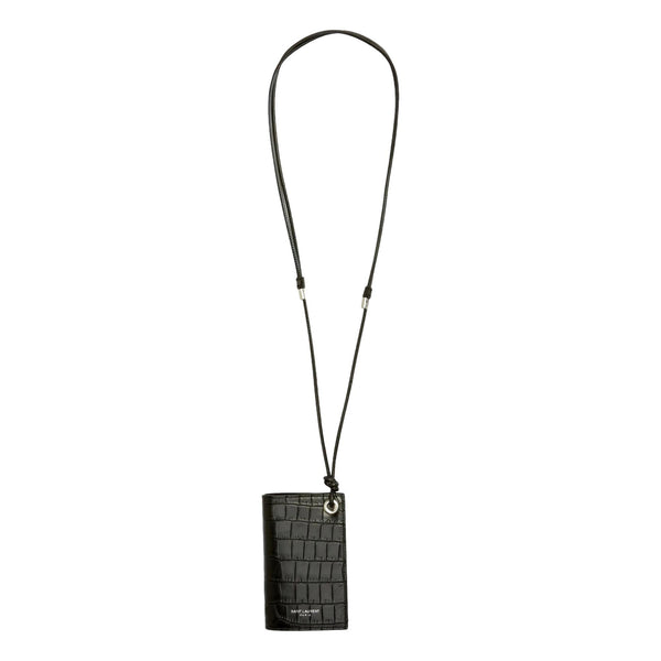 Croc Embossed Black Lanyard Card Case Wallet