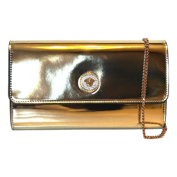 La Medusa Crystal Clutch Crossbody Bag Metallic Gold Leather
