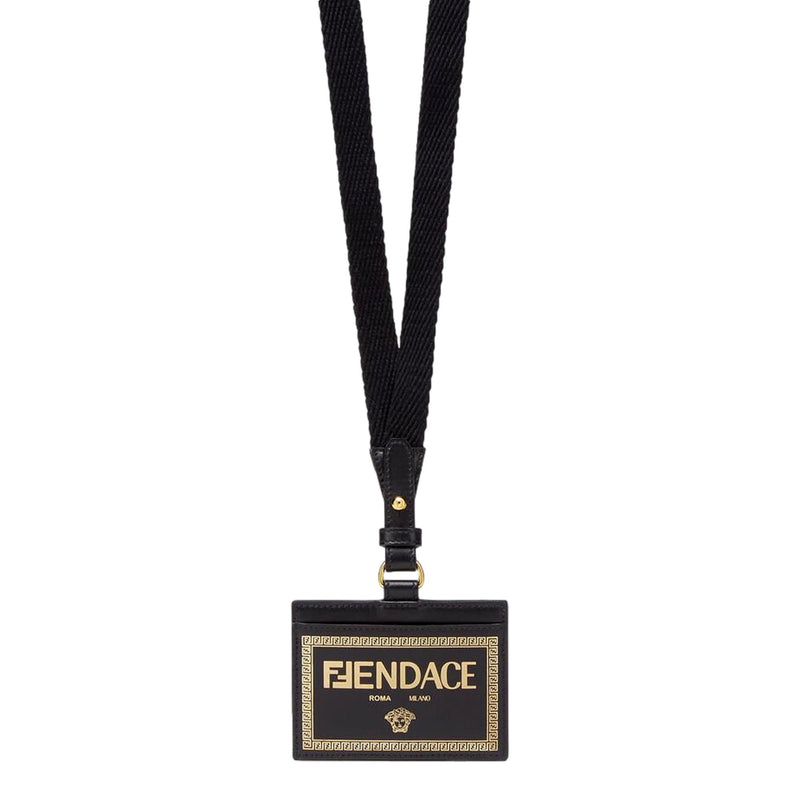 Fendace Black Leather Card Case Wallet Lanyard