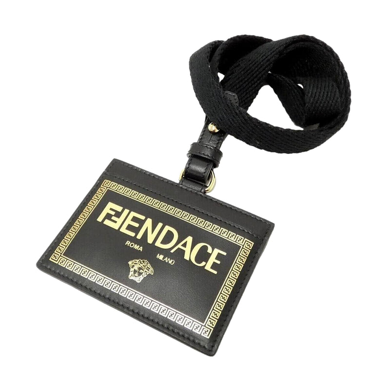 Fendace Black Leather Card Case Wallet Lanyard