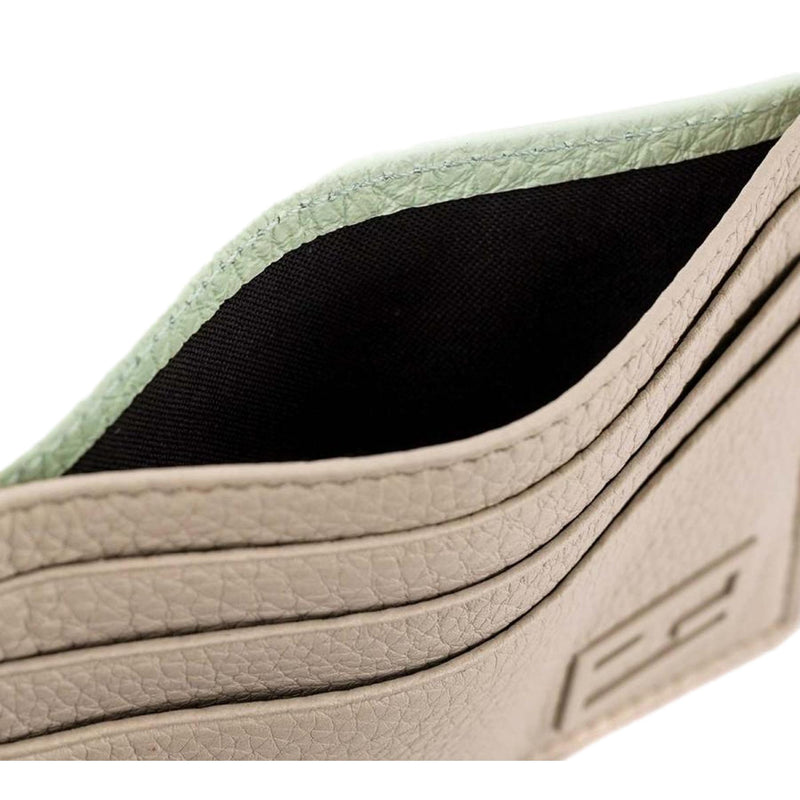 FF Logo Light Gray and Blue Pebbled Calf Leather Card Case Wallet